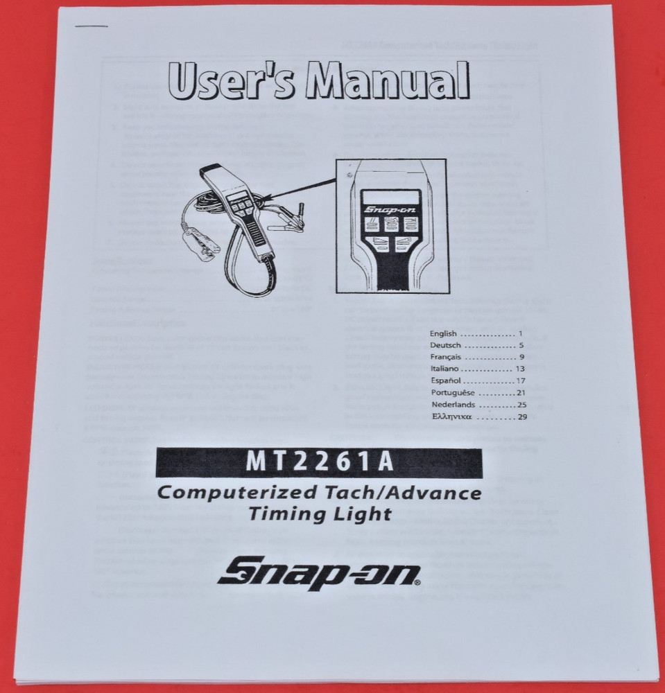 Snap-On MT2261A Computerized Tach/Advance Timing Light Instruction Manual Only