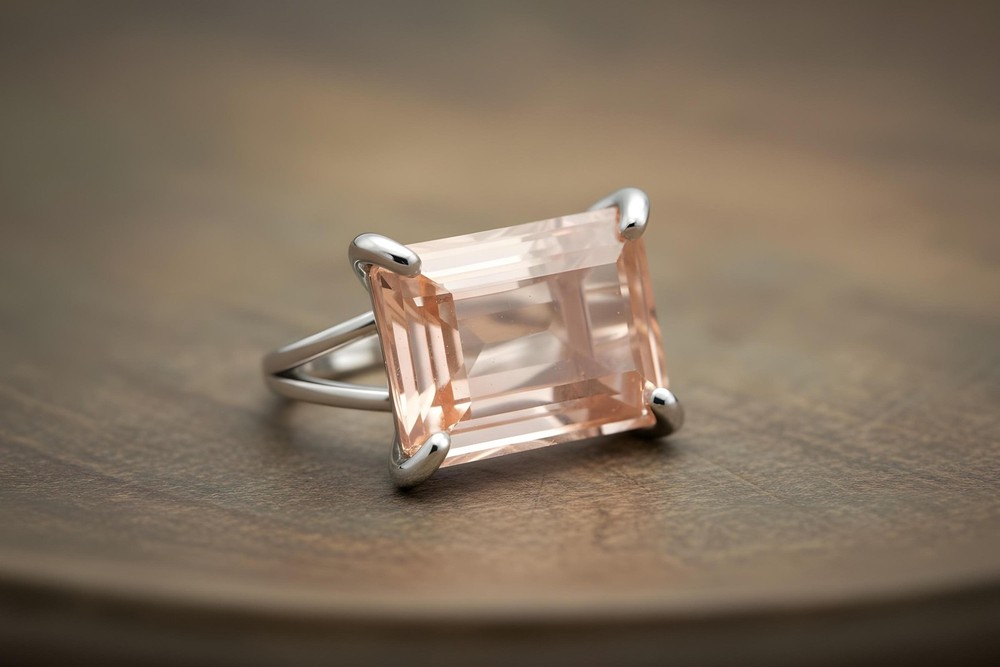 Morganite Ring Anemone 18k Peach Gold Emerald Cut Rectangular Stone