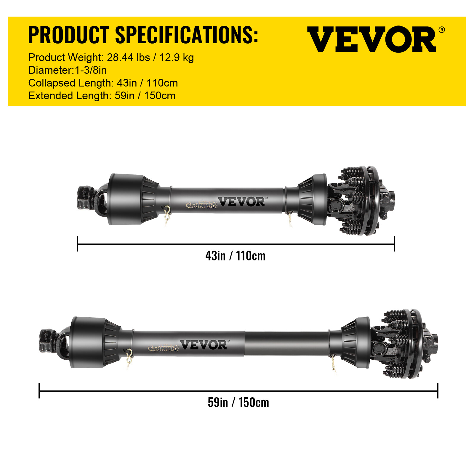 VEVOR PTO Shaft PTO Drive Shaft 1-3/8" 6 Spline Endw/Slip Clutch T4 43"-59"