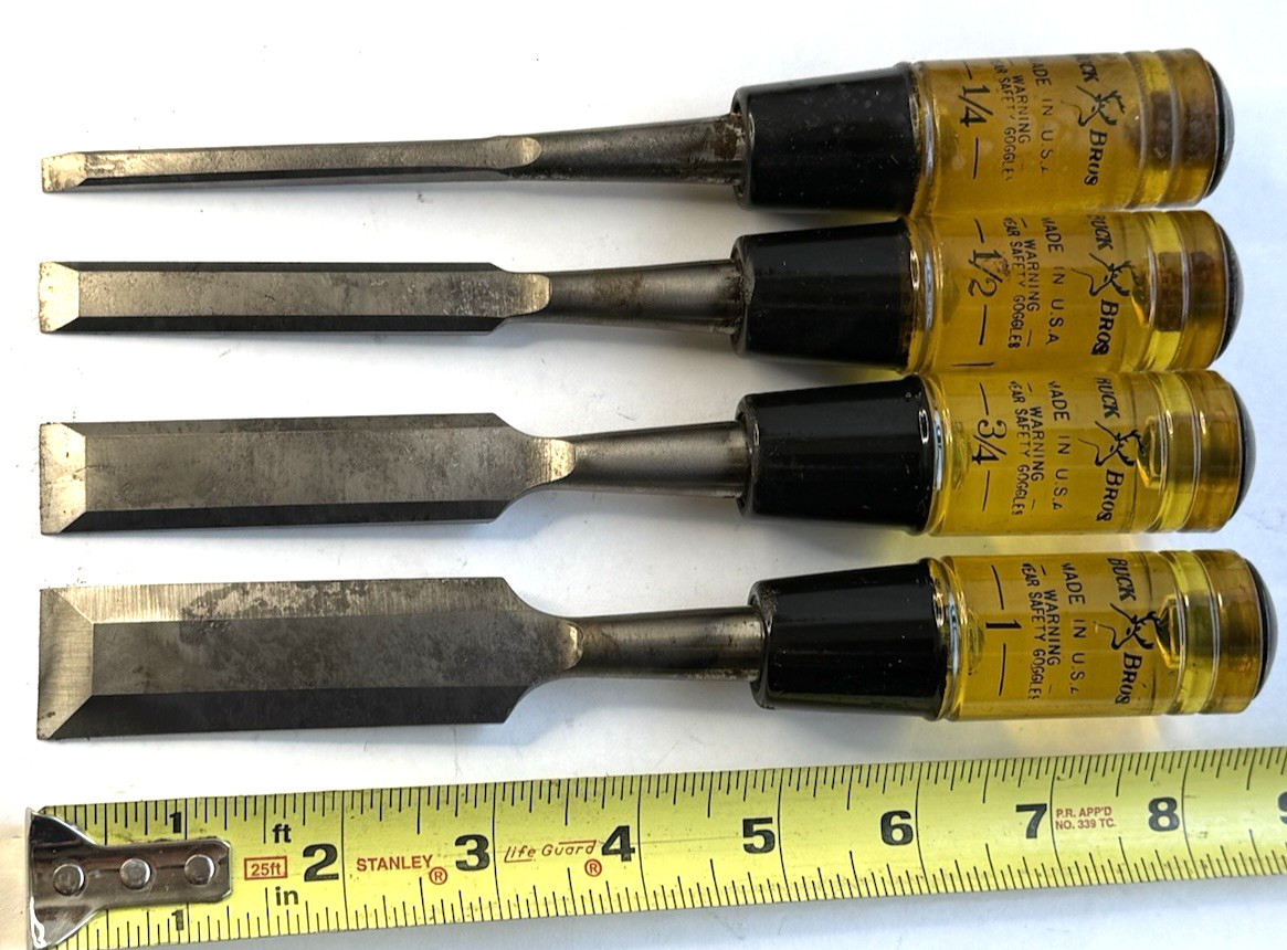 4 Vintage Woodwrking Chisels Buck Bros 1”, 3/4”, 1/2”, 1/4” Made in USA