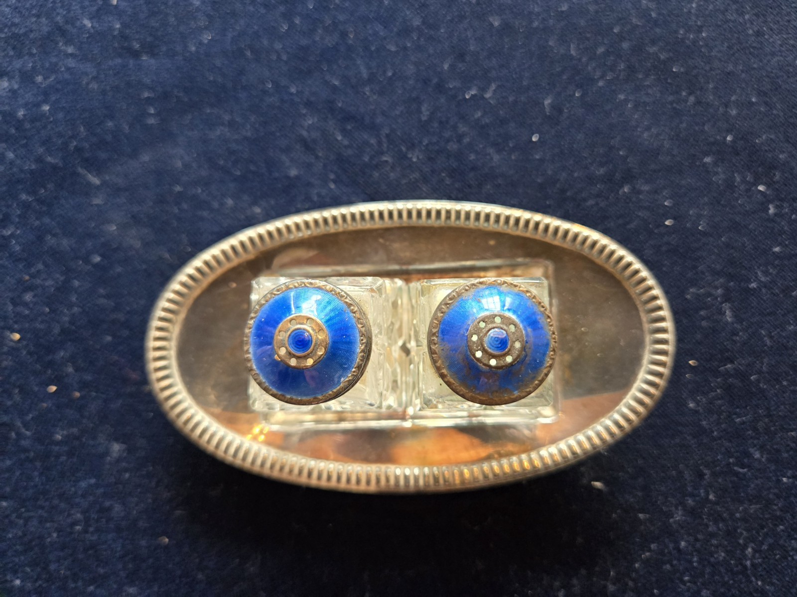 Antique Norway Guilloche Enamel Sterling Silver Salt & Pepper Set On Tray