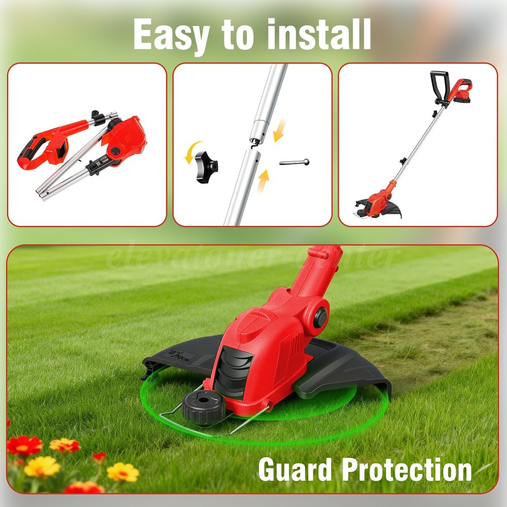 12" Cordless String Trimmer, 90° Rotating Head, Auto Feed, 2000mAh, Red