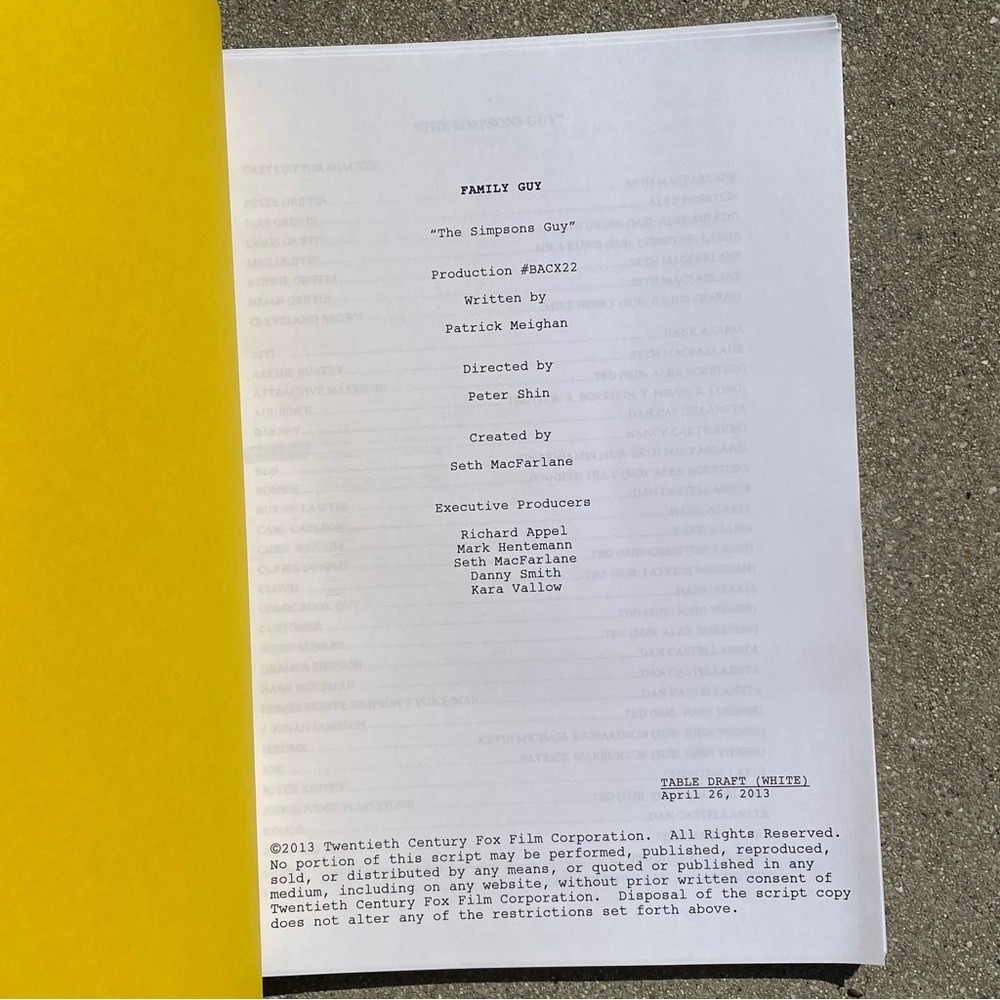 Family Guy Nancy Cartwright Bart Simpson 2013 Simpsons Used Table Draft Script
