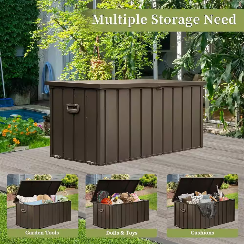 120 Gal. Dark Brown Steel Deck Box, Outdoor Waterproof Large Patio Storage Bin f
