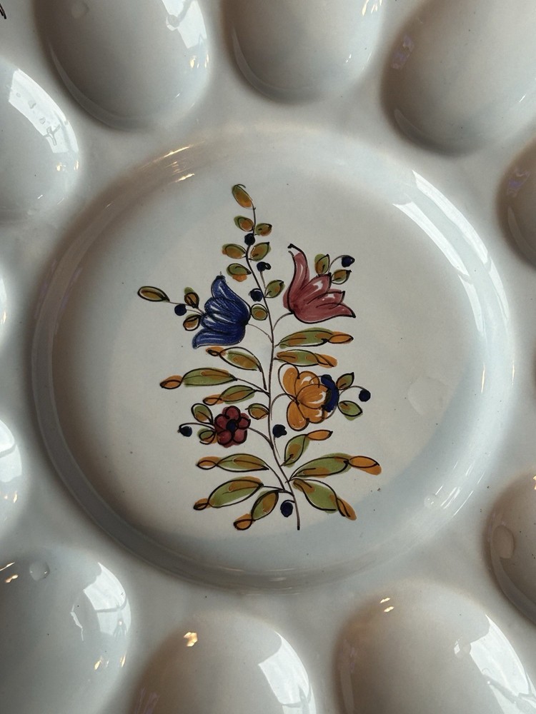 Hand-painted ceramic deviled egg plate with floral design