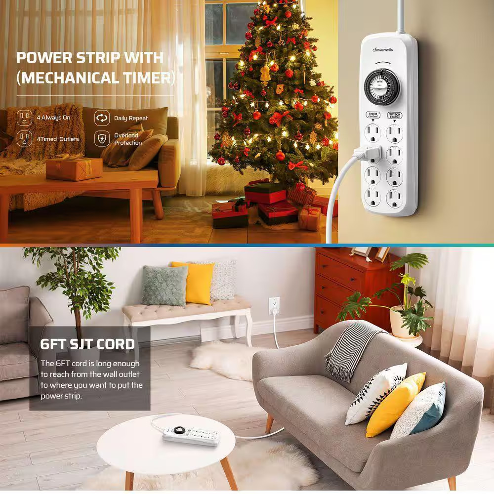 Mechanical Indoor Timer Power Strip with 8-Outlets, Countdown, Flat Plug, 6 Ft.