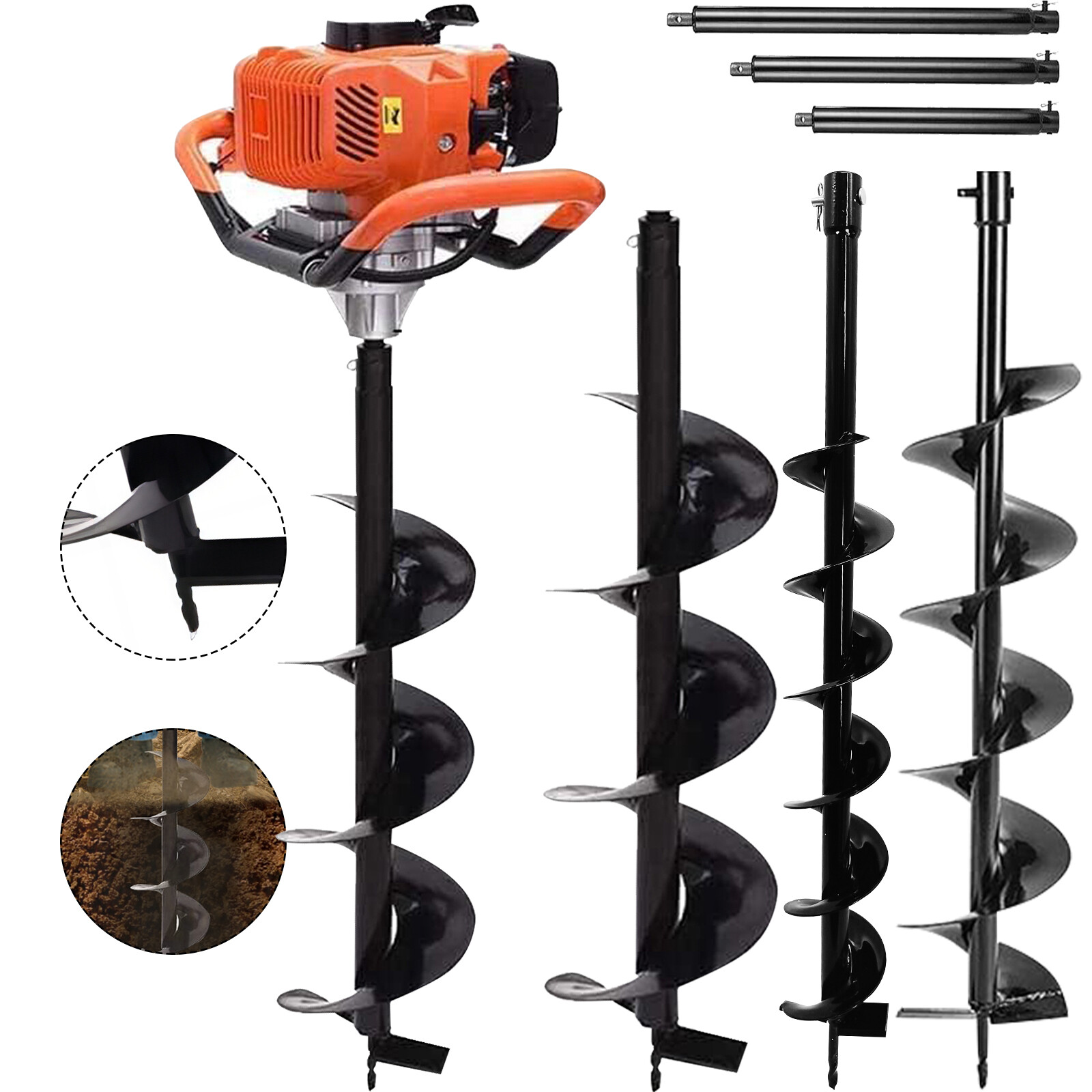 62CC Post Hole Digger Gas Powered Earth Auger Borer Ground + 4 Bits