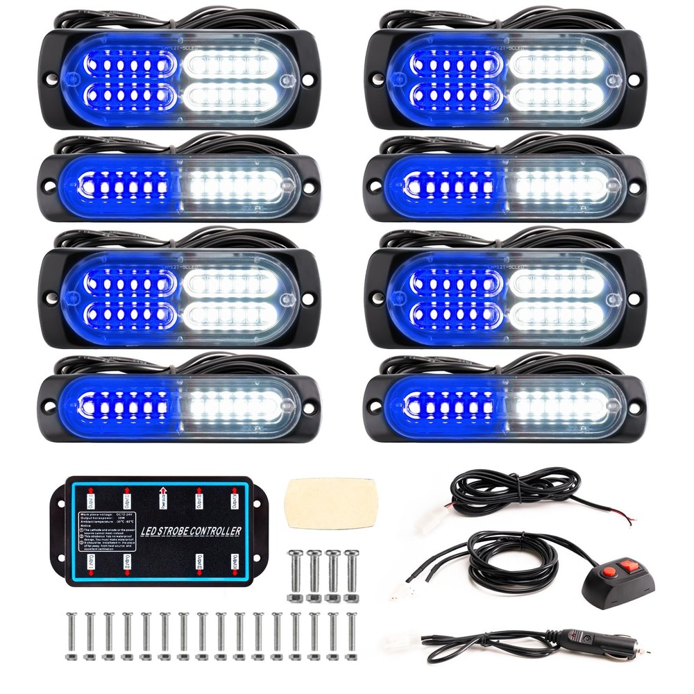 8-Pcs Sync Feature LED Emergency Strobe Lights Ultra Slim Grille Surface Mount