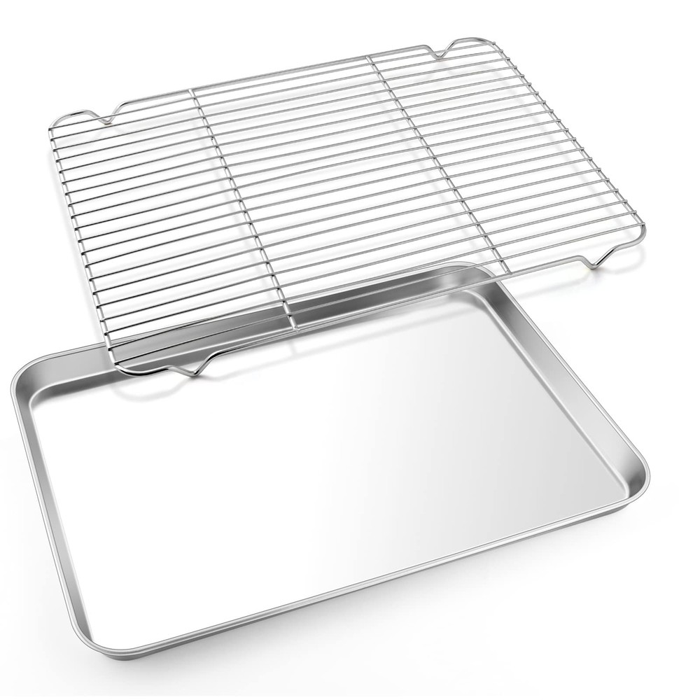 E-far Cookie Sheet with Rack Set, Half Baking Pan for 17.7"x13", Silver