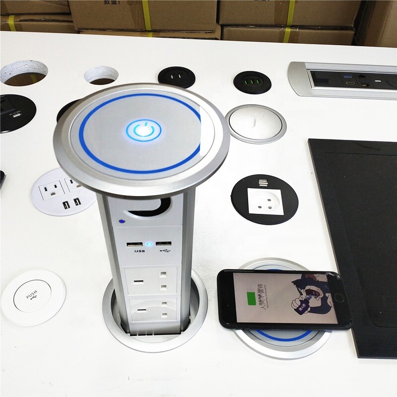 UK Plug Motorized Pop Up Desktop Socket with Speaker Top Wireless Charger