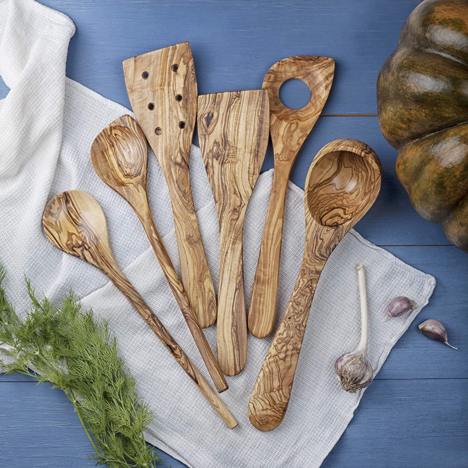 Olive Wood Utensils Set 6-Piece Wooden Kitchen Utensil Set