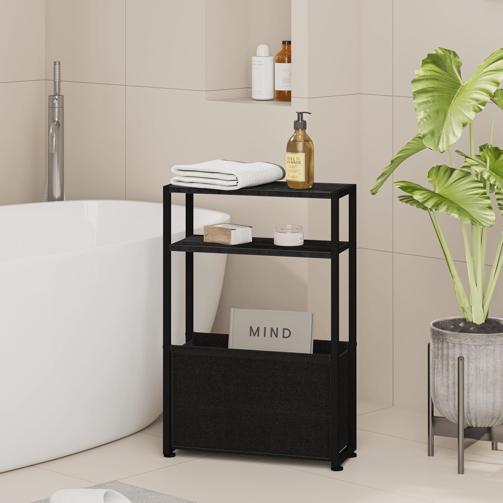 Black Side Table, Slim Side Table with Magazine Rack, Bathroom Table