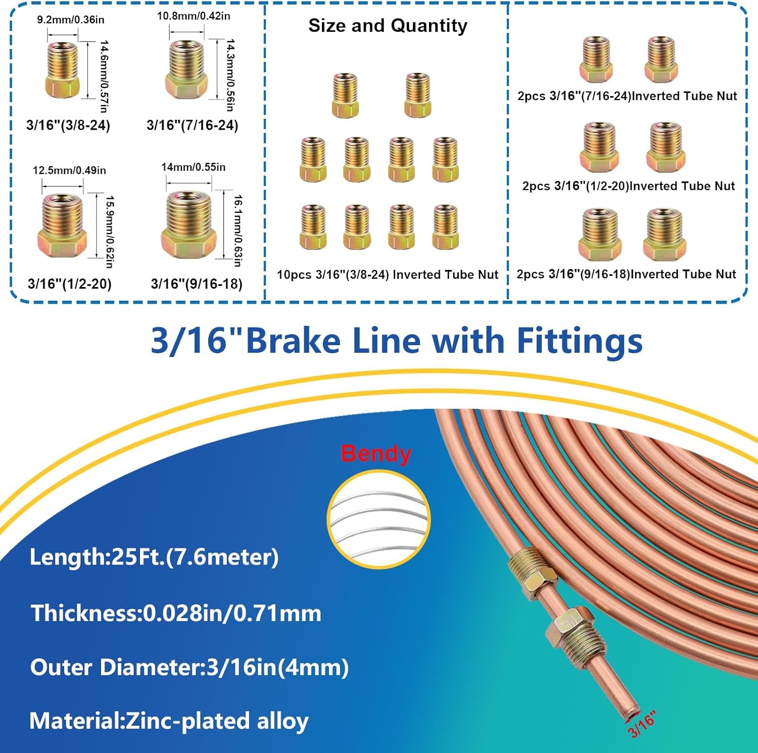 26Pack 3/16" Brake line kit Include 25 FT Copper-Plated Brake Lines with Fitting