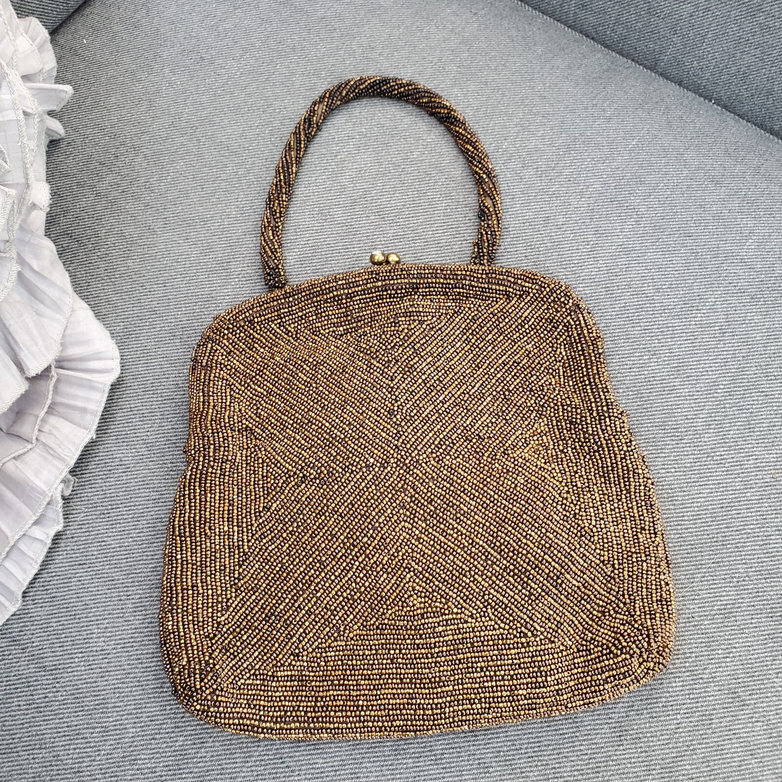 Joseph Horne Pittsburgh Belgium Brown Beaded Evening Bag Handle Twist Top Lock