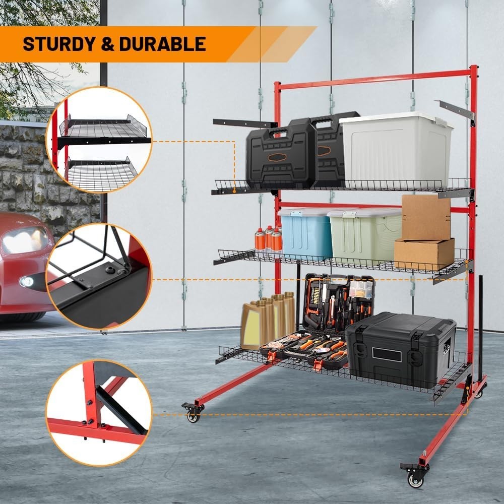 Parts Management Storage Cart 3 Shelves Auto Body Rolling Parts Rack with Wheels