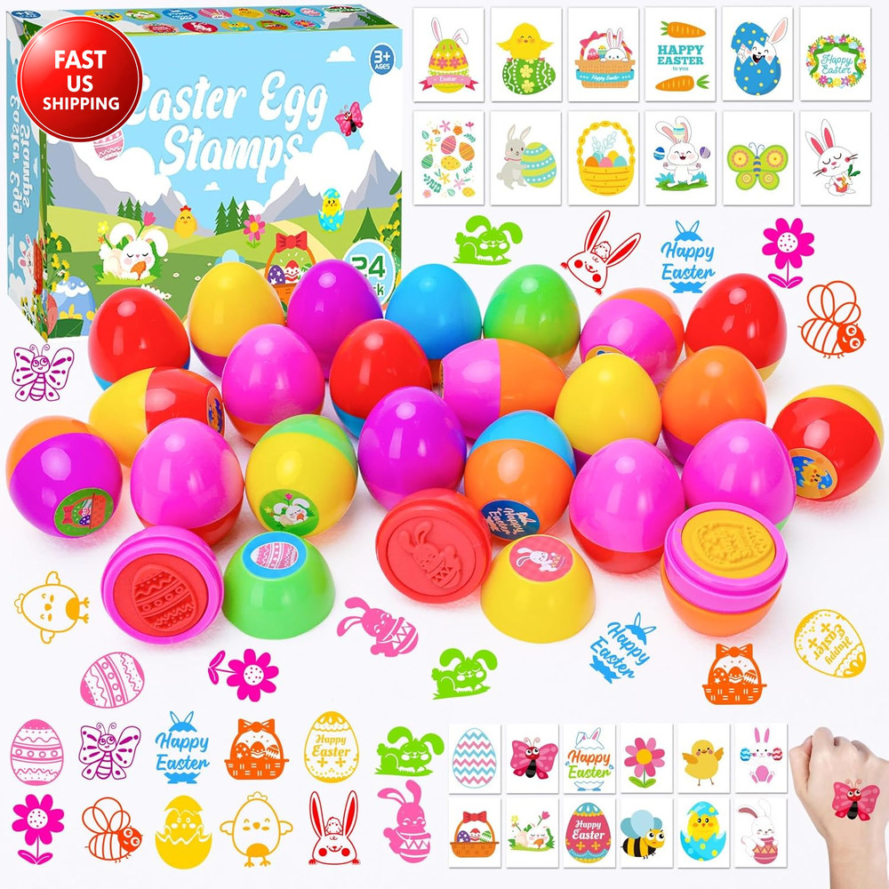24Pcs Easter Egg Stampers Prefilled Easter Egg Stamps with 24Pcs Easter Stickers