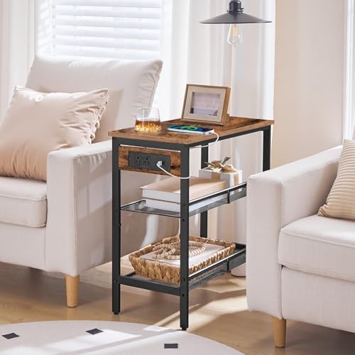 End Table, 3-Tier Narrow Side Table with Charging Rustic Brown + Black