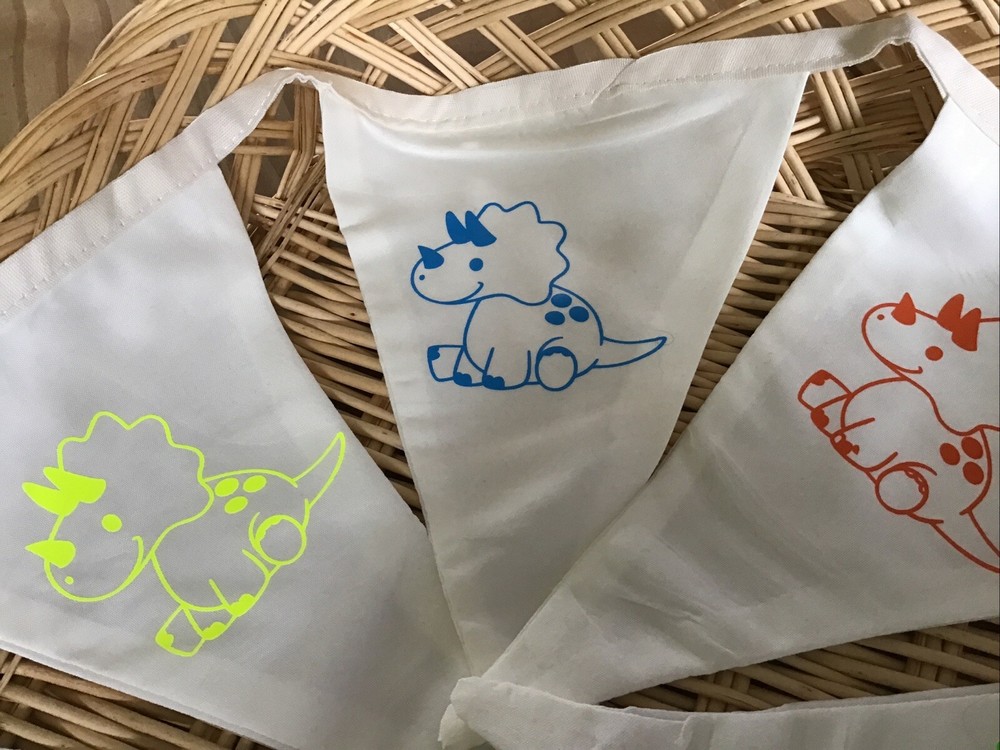 Handmade Double Sided Bunting 12 Flags Approx 3m - White And Multi Dinosaur