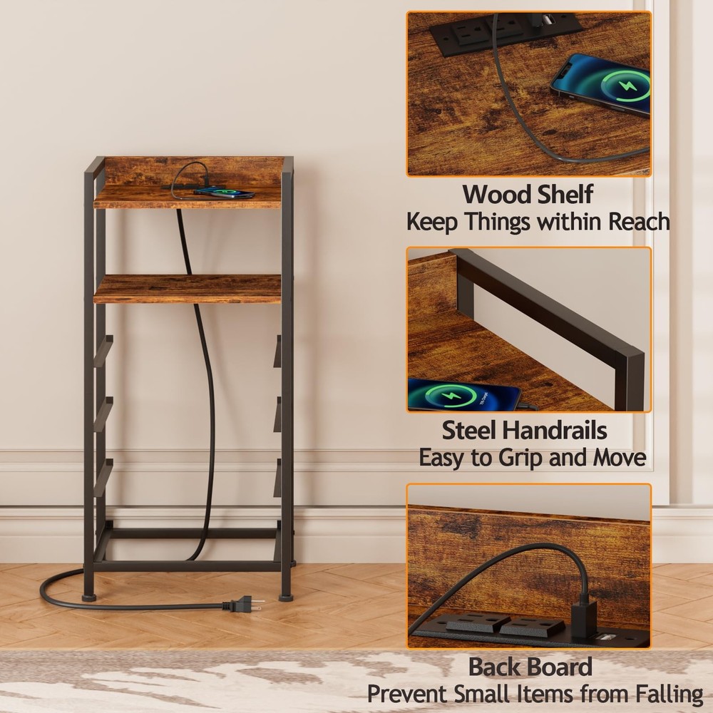 4-Drawer Nightstand w/ Charging Station LED - Rustic Brown Bedside Table
