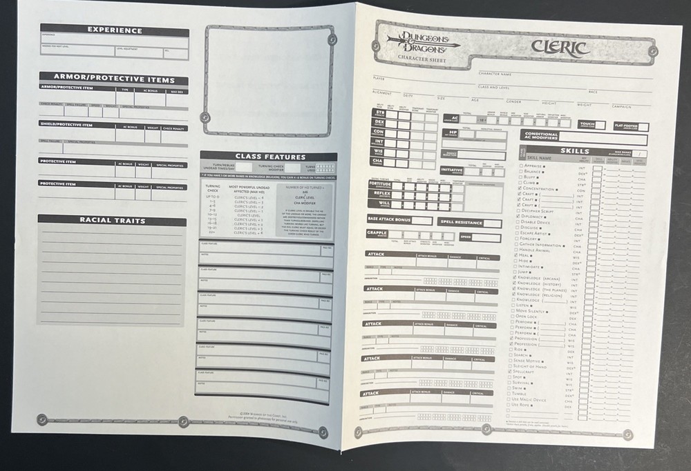 2004 Dungeons And Dragons Folder And Character Sheets. Folder Has Some Flaws