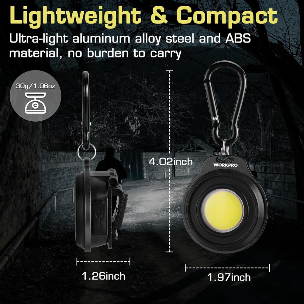 WORKPRO Rechargeable Magnetic Mini COB Work Light Keychain Flashlight w/Hat Clip