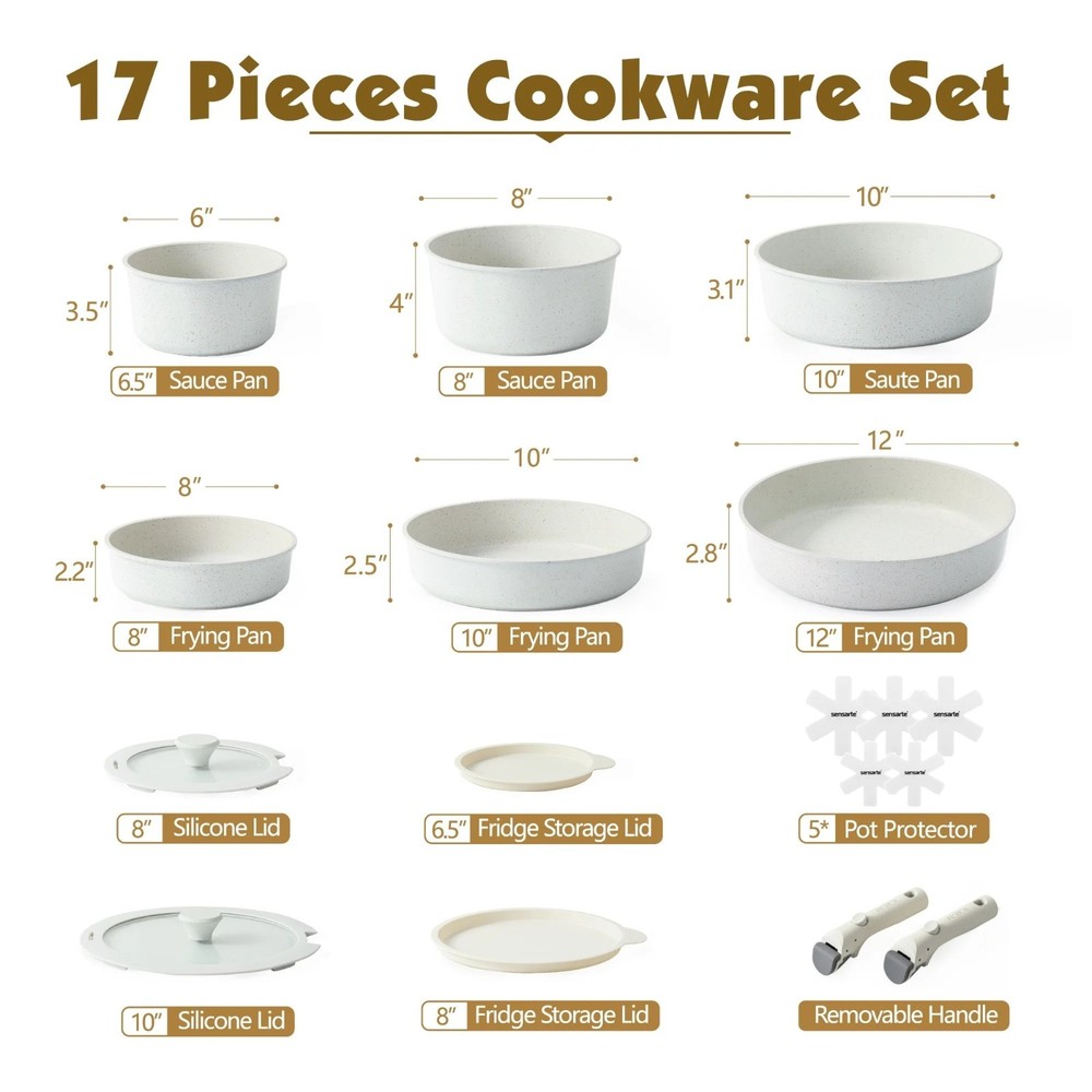 Cookware Set 17Pcs Nonstick Detachable Handle Induction Stackable