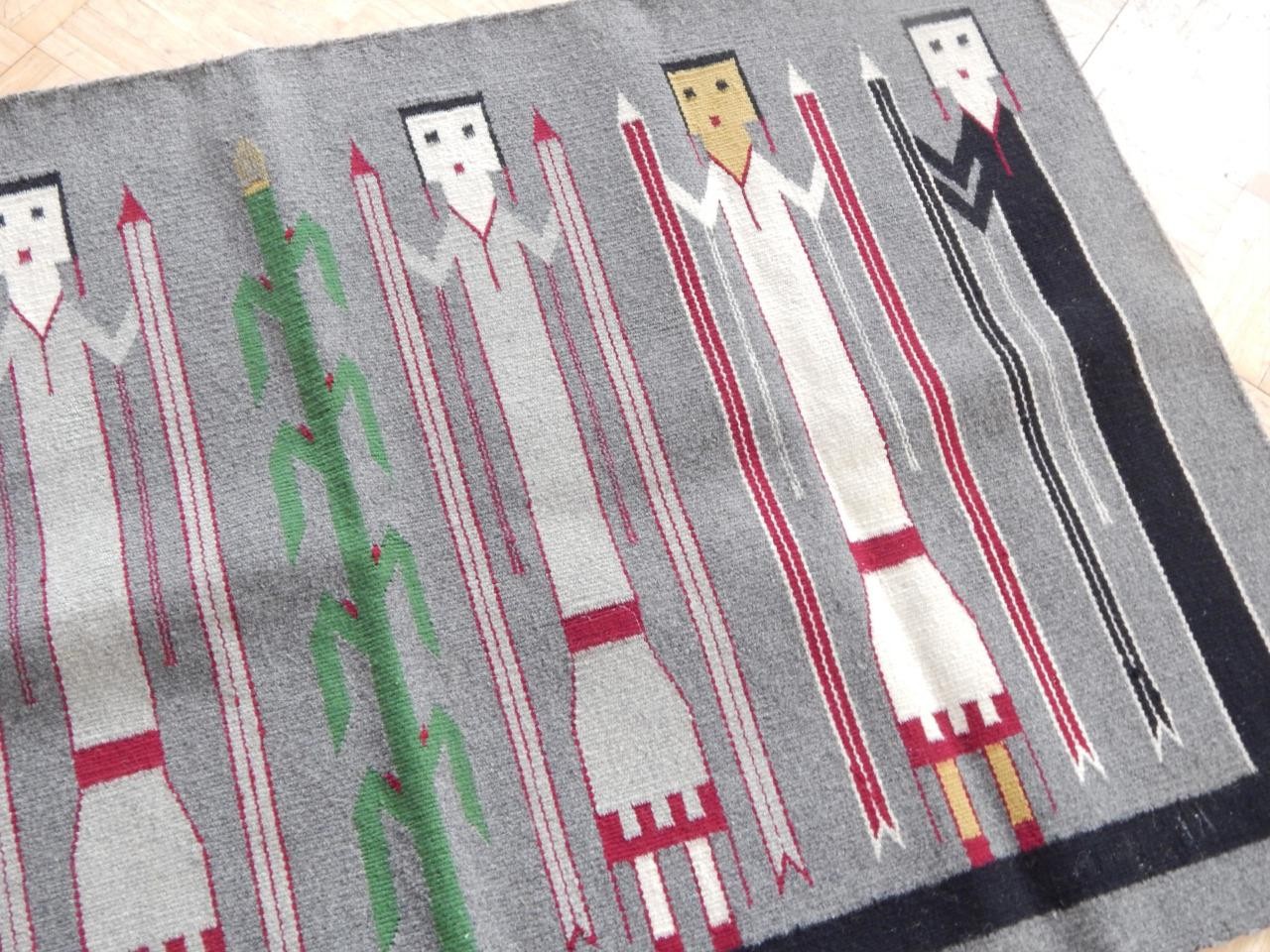 VINTAGE NAVAJO PICTORIAL YEI RUG WEAVING - NICE COLORS + CORN + RAINBOW GIRL DES