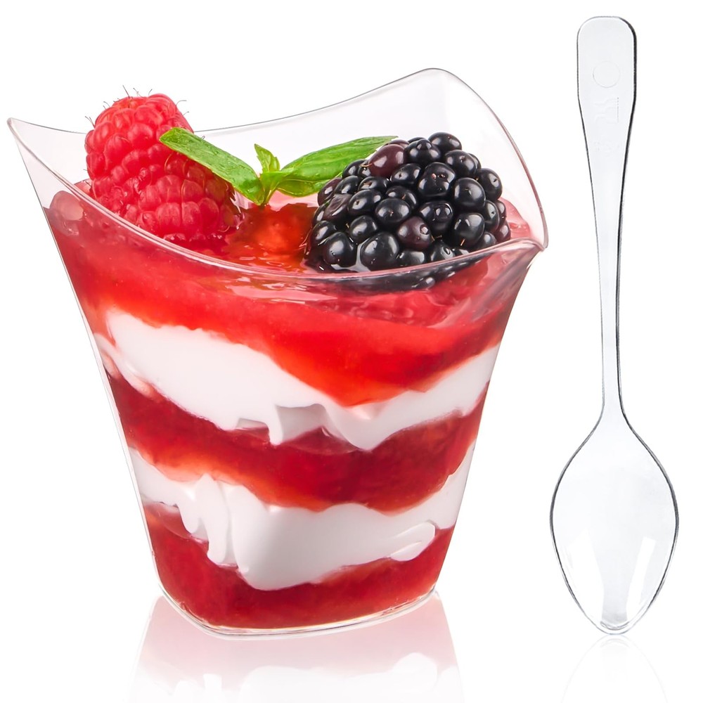 Qeirudu 4 oz Triangular Mini Dessert Cups with Spoons, 50 Pack Plastic Appetizer