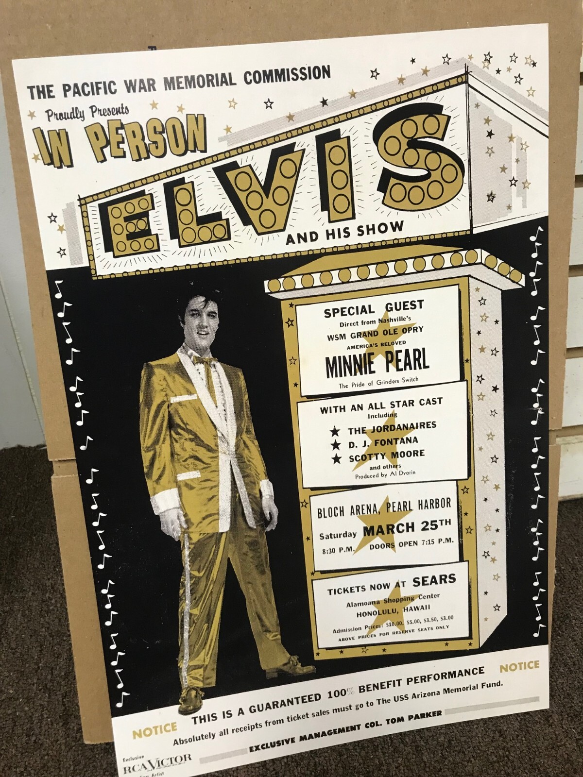 Elvis Presley Minnie Pearl 1961 Pearl Harbor Benefit Cardstock Concert Poster