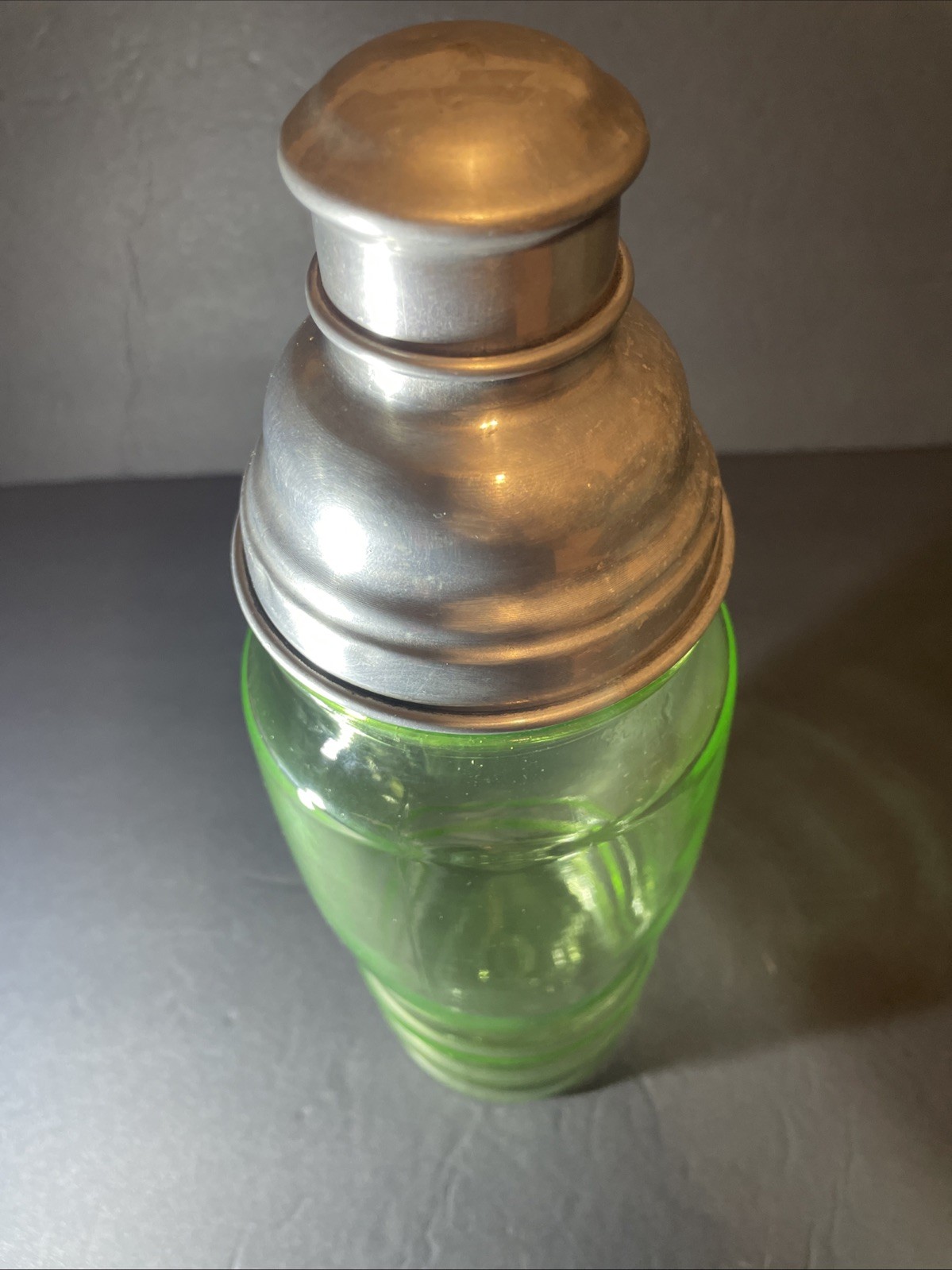 Vintage Green Uranium Glass Martini/Cocktail Shaker With Lids 11 Inches