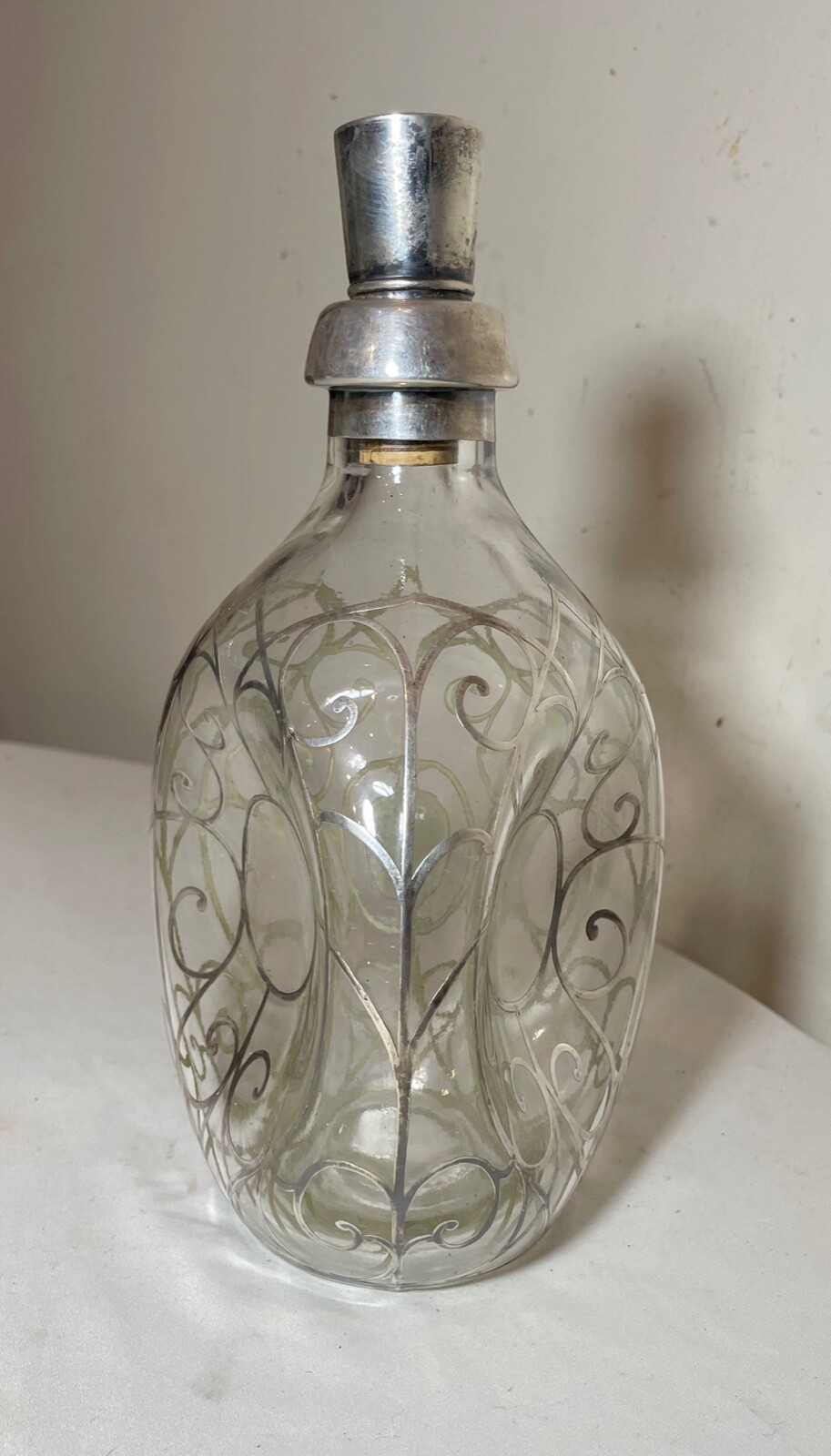 antique ornate sterling silver overlay glass liquor claret decanter bottle jar