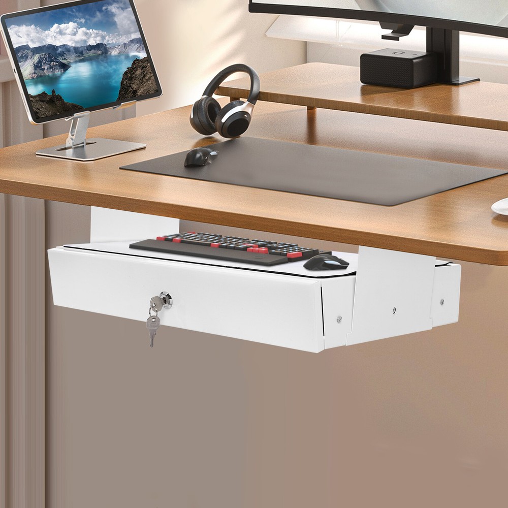 Under Desk Mounted Sliding Pull-out Storage Drawer With Computer Pad White USA