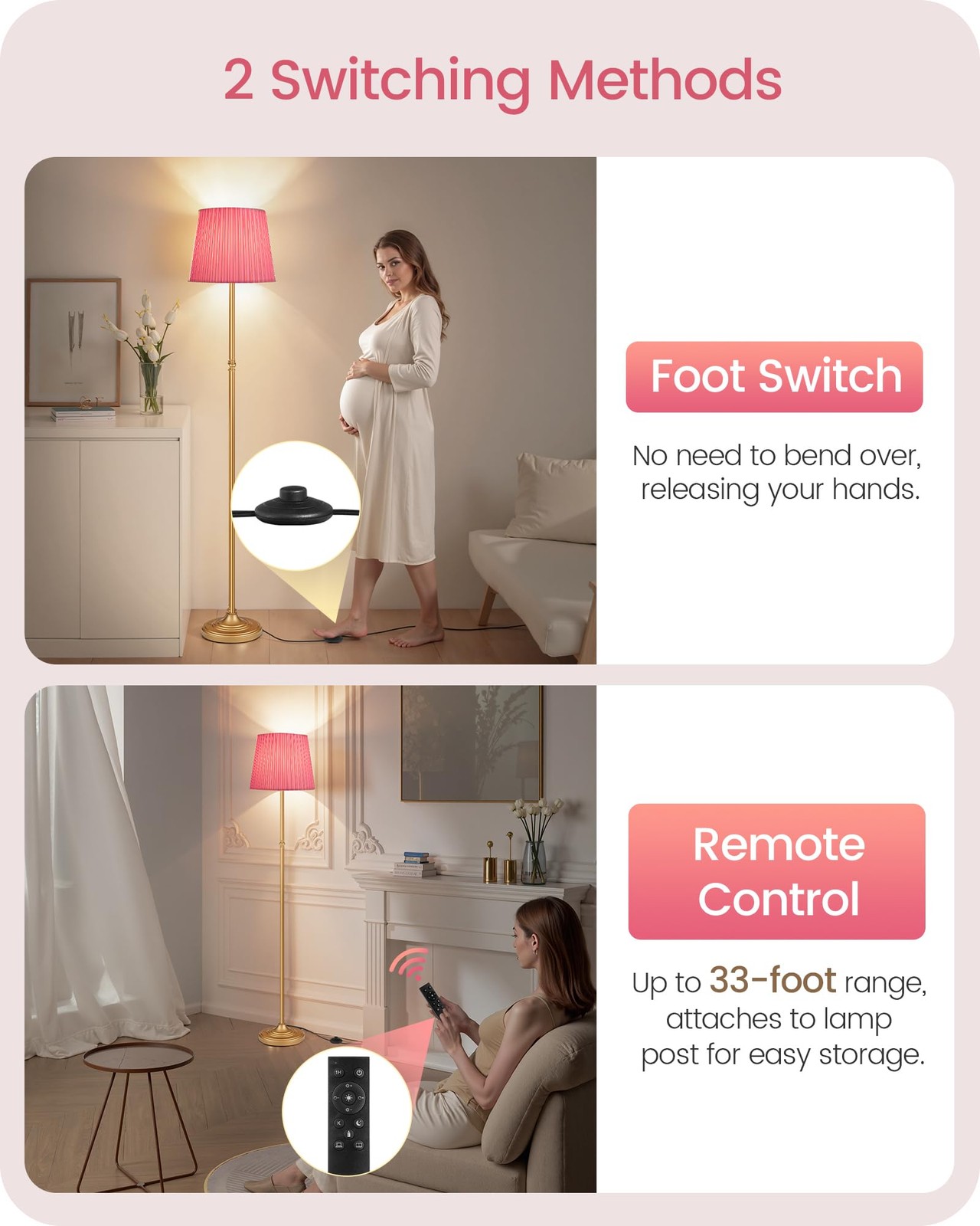 GOEBLESON Pink Floor Lamp for Living Room, 68" 68 inches, Gold +