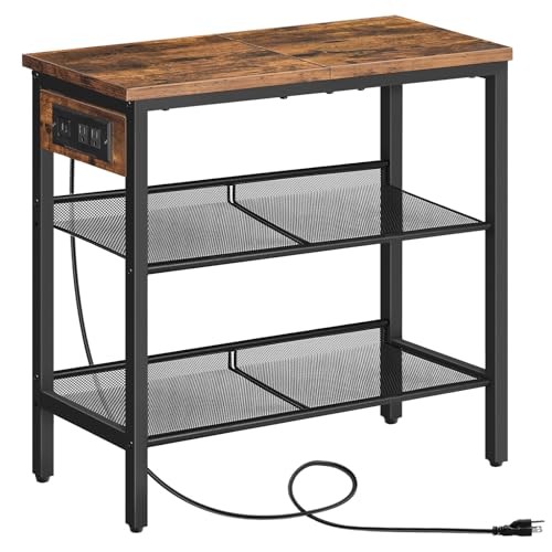 End Table, 3-Tier Narrow Side Table with Charging Rustic Brown + Black