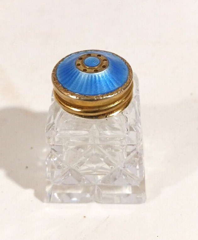 Norway Sterling Silver Blue Guilloche Enamel Cut Crystal Salt Shaker Single mini