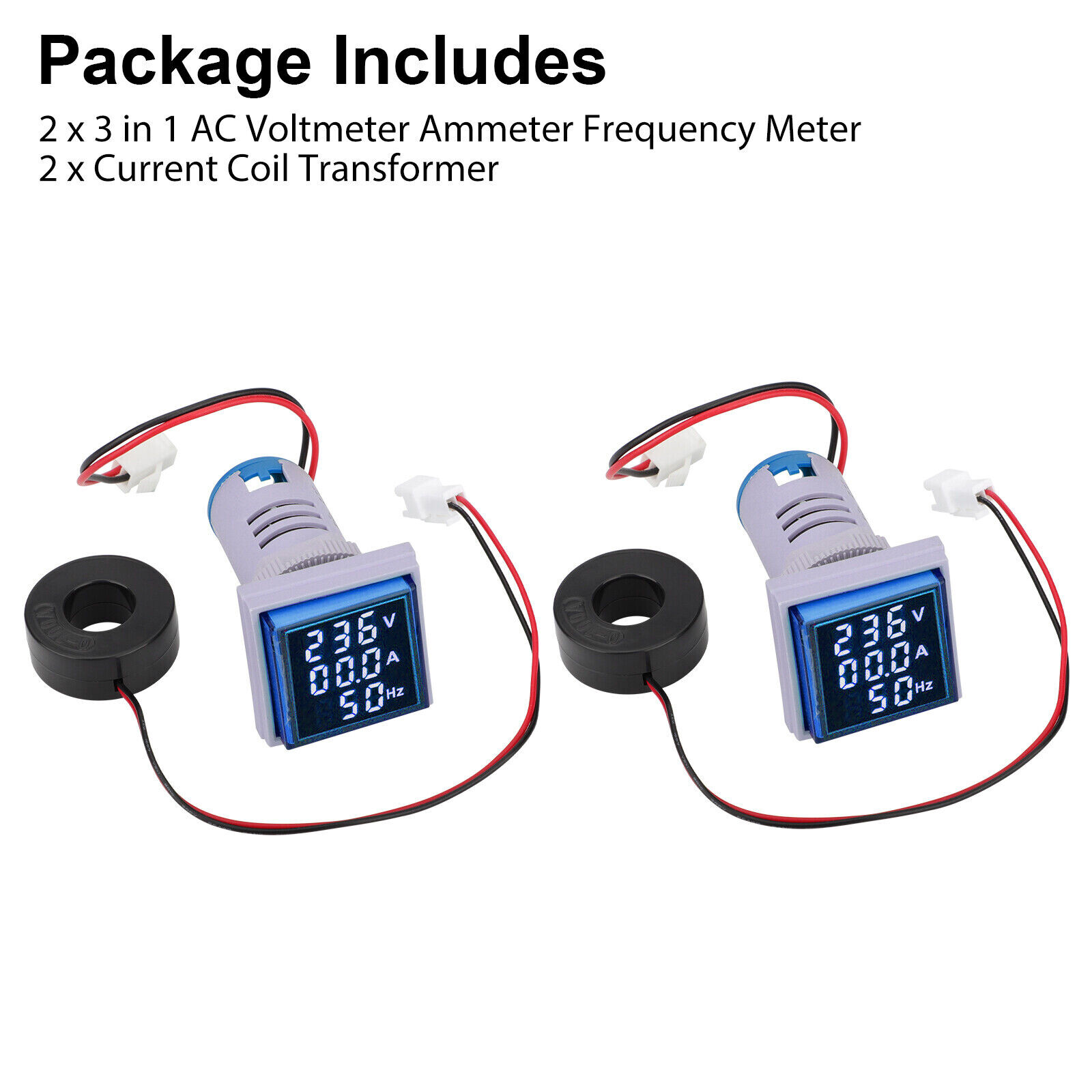 2PC 3-in-1 22mm Digital LED Indicator AC 60-500V 0-100A Volt Amp Frequency Meter