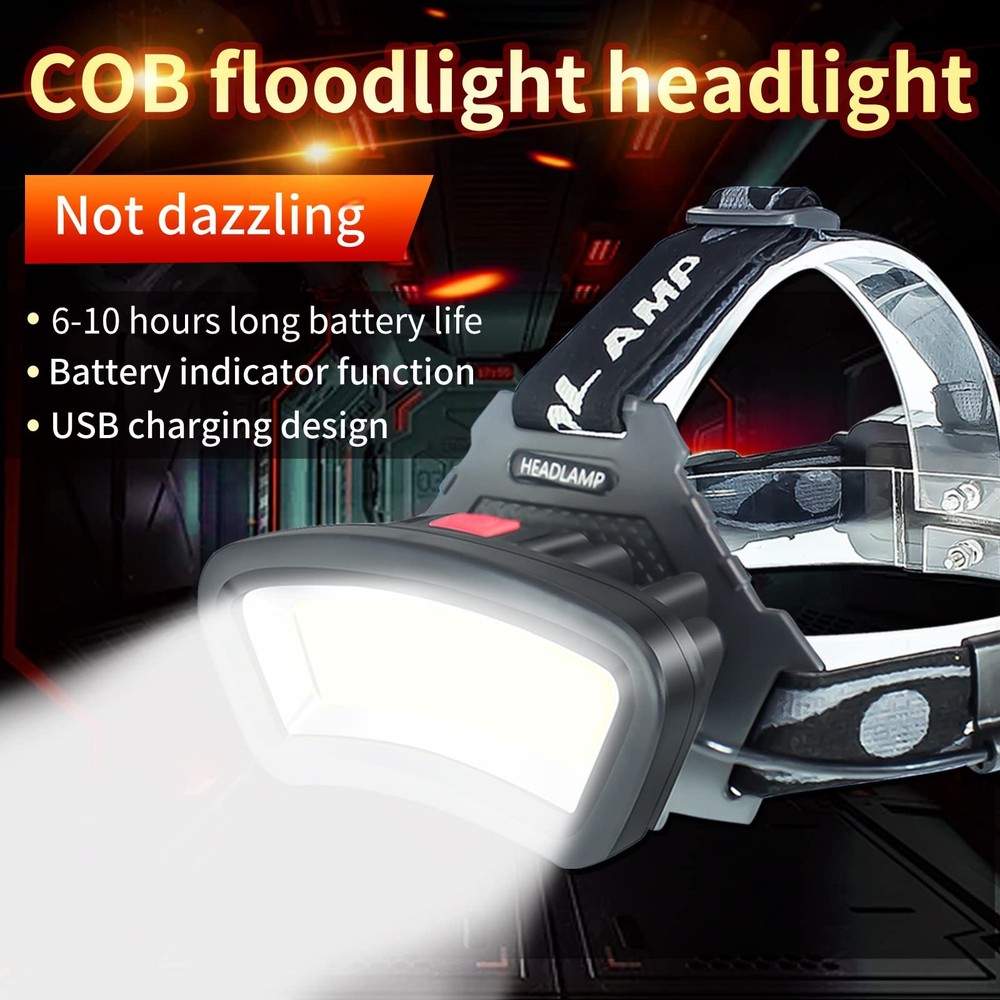 COB Floodlight Headlamp USB Rechargeable with Red Light, 2000 Lumen LED Headl...