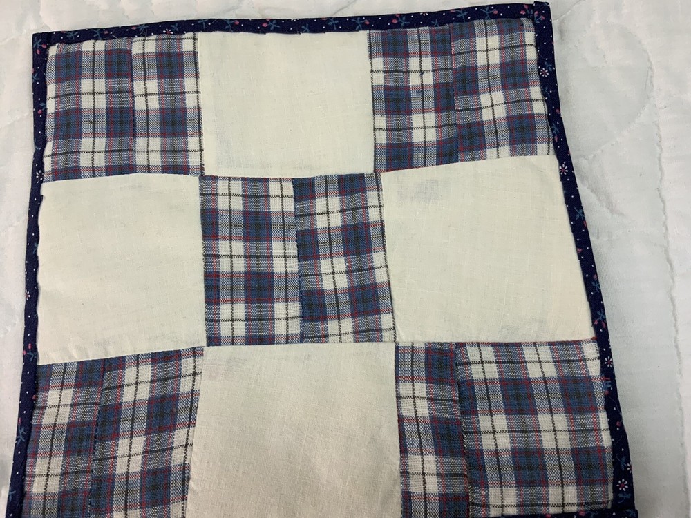 Vintage Patchwork Quilt Table Topper, Nine Patch, Checks, Red, Navy Blue & White