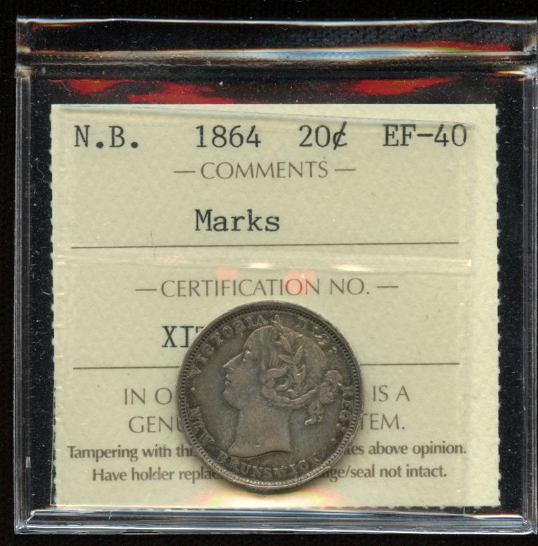 1864 New Brunswick 20 Cents - ICCS EF-40 Marks   SC3