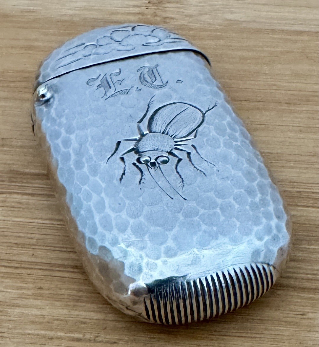 RARE DOMINICK HAFF AESTHETIC BUGS HAMMERED STERLING MATCH SAFE VESTA CASE C 1880