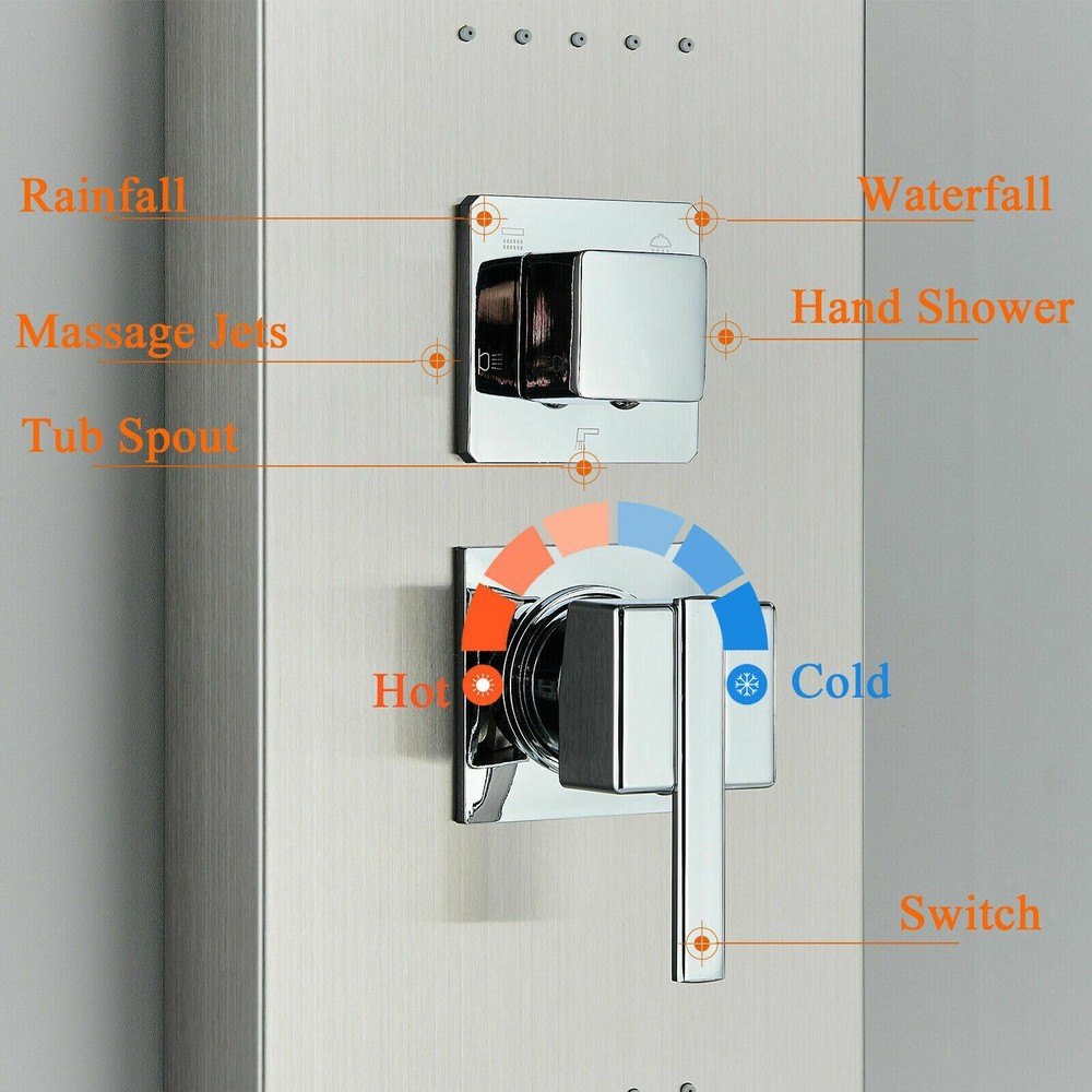 LED Shower Panel Tower System Water&Rainfall Massage Jet System Brushed Nickel