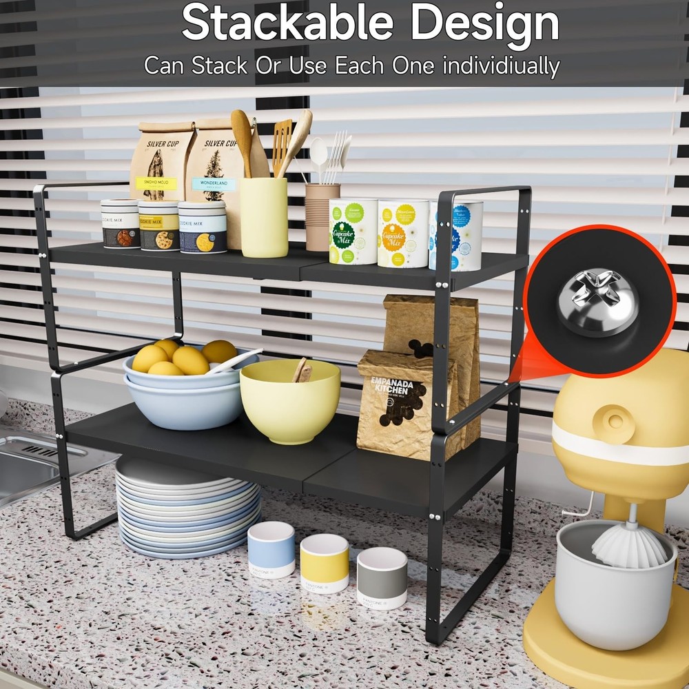 2Pack 16.5-27’’L Expandable Kitchen Shelf Organizer, Stackable Shelv