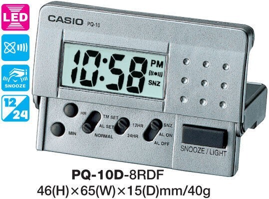 Casio PQ10D-8R, Pocket Travel Alarm Digital Clock, Light, Snooze