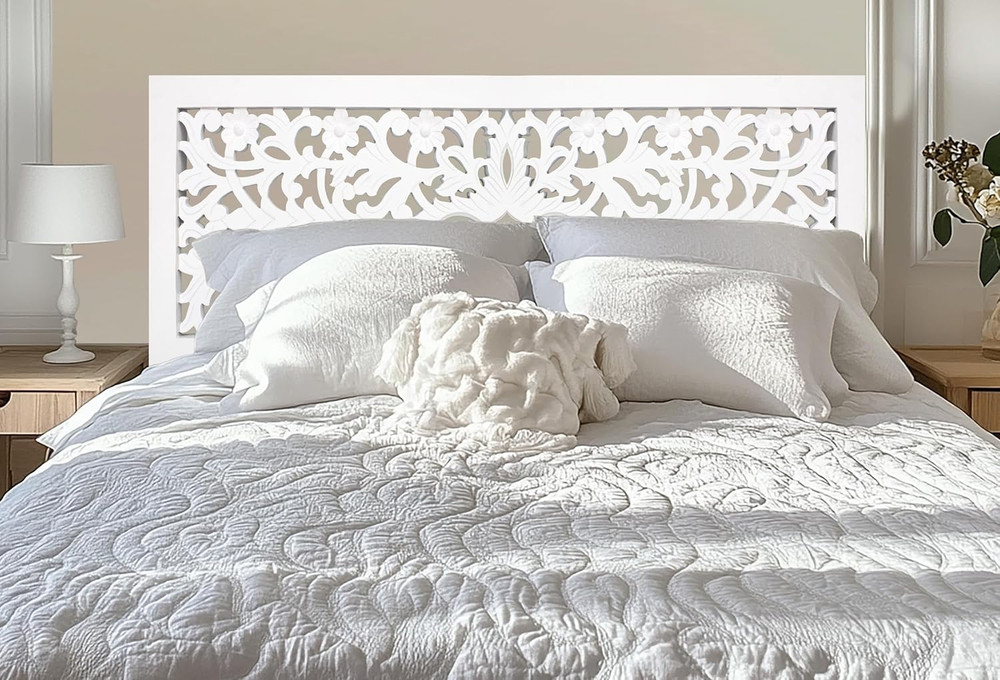 Rustic White Solid Wood Queen Headboard with Hand-Carved Design