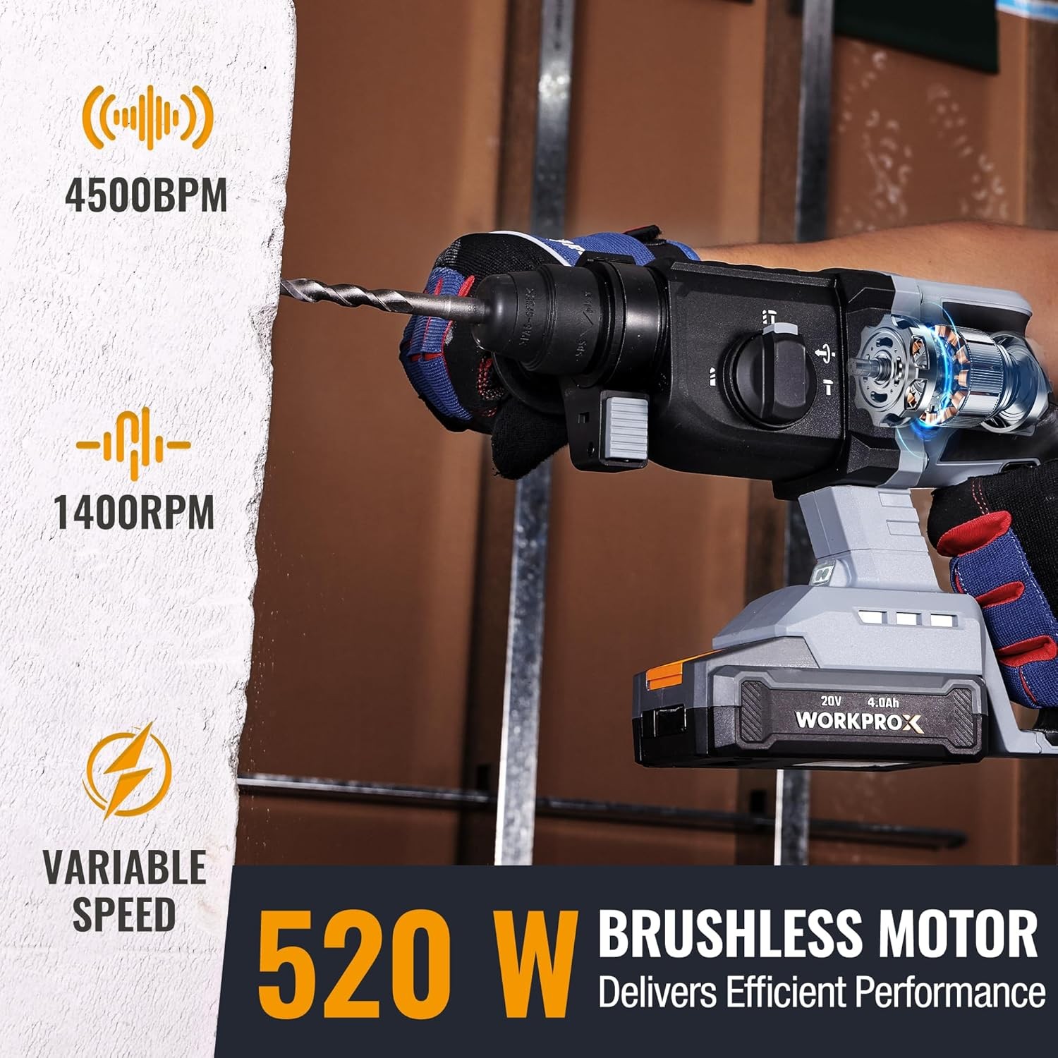 WORKPROX 20V Cordless Rotary Hammer Drill 7/8" SDS-Plus Brushless w/4.0A Battery