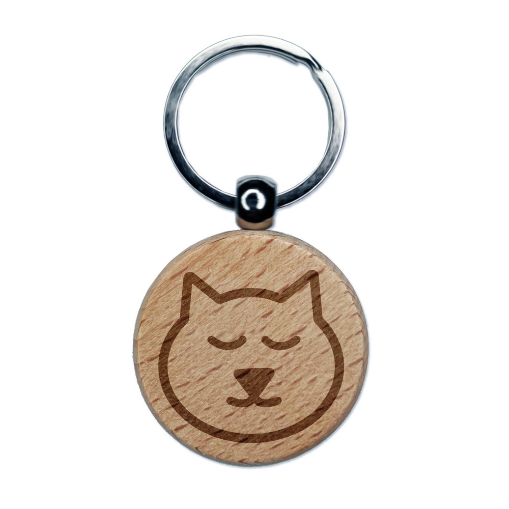 Cat Face Engraved Wood Round Keychain Tag Charm