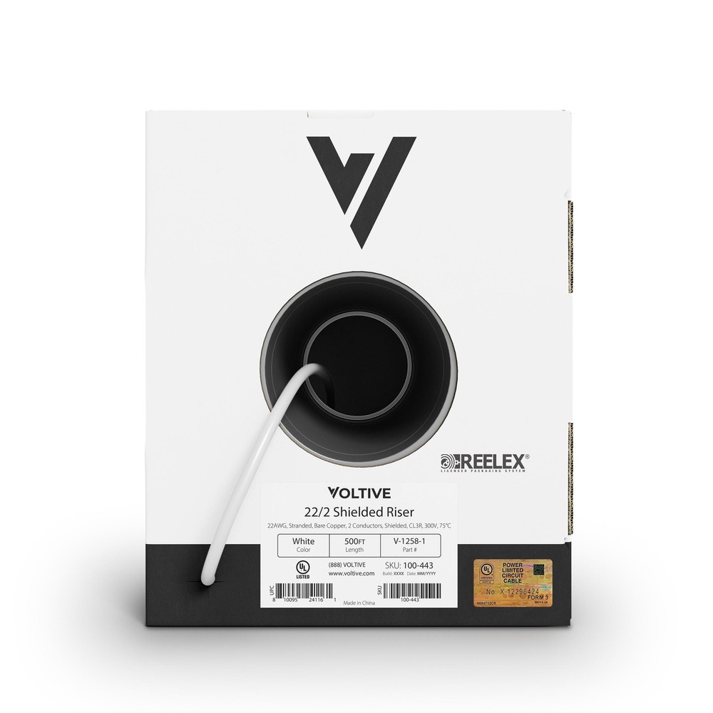 Voltive 22/2 Shielded Low Voltage Wire, Riser CL3R, White, 500ft