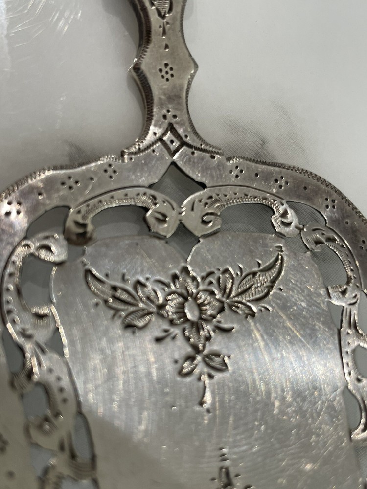 Large Engraved Openwork Fish Pie Server Agate Handle Dutch 833 Silver 1868