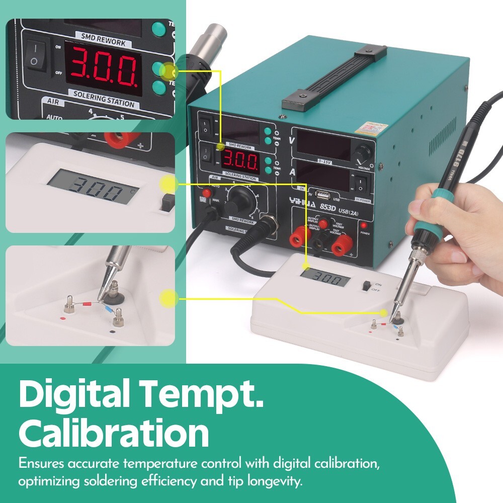 YIHUA 853D 800W 3-IN-1 Multi Station Iron Hot Air Gun 2A USB DC Power Supply