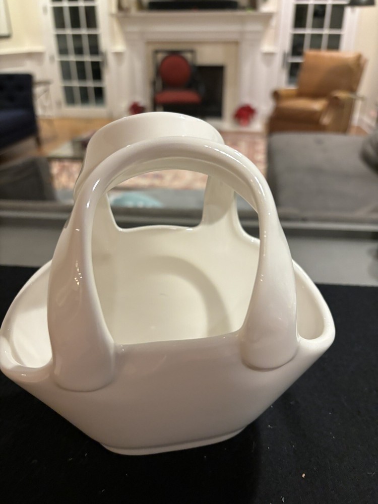 Pottery Barn Ceramic Basket Ivory White Double-Handle 6.75"